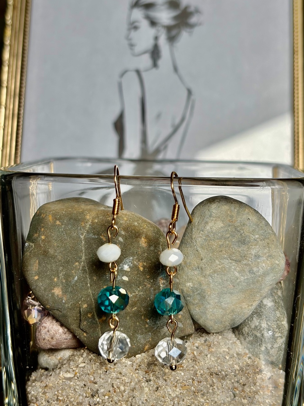 Gold-Tone Blue Crystal Drop Earrings with White Accents